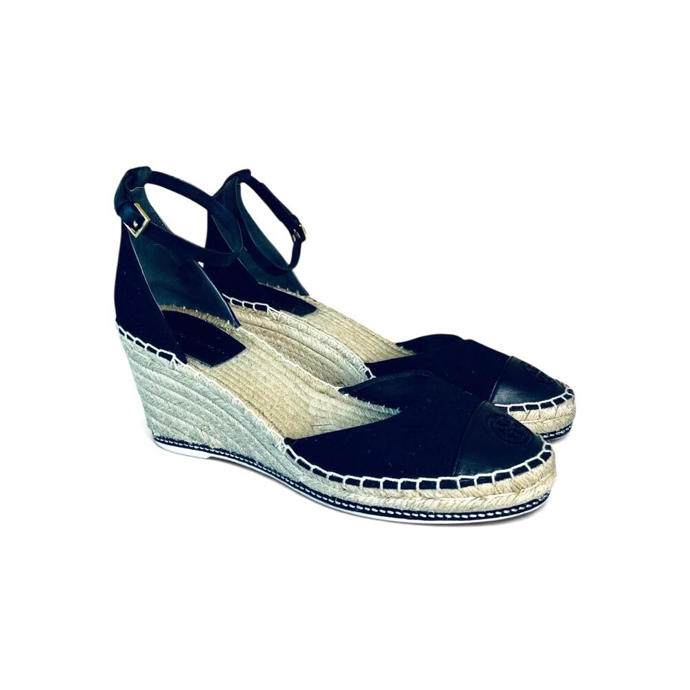 Tory Burch Black Canvas Leather Logo Cap Toe Wedge Espadrilles Ankle Strap 10.5